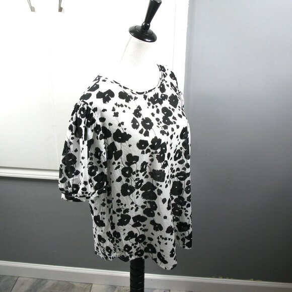 Worthington Black/White Floral Linen Blend Short Sleeve Blouse Size XL - Picture 4 of 5